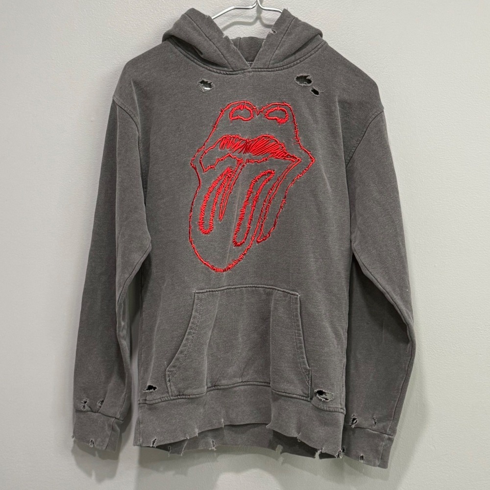 Rolling Stones RS No 9 Carnaby Distressed Hoodie Grey Red Tongue Logo Medium